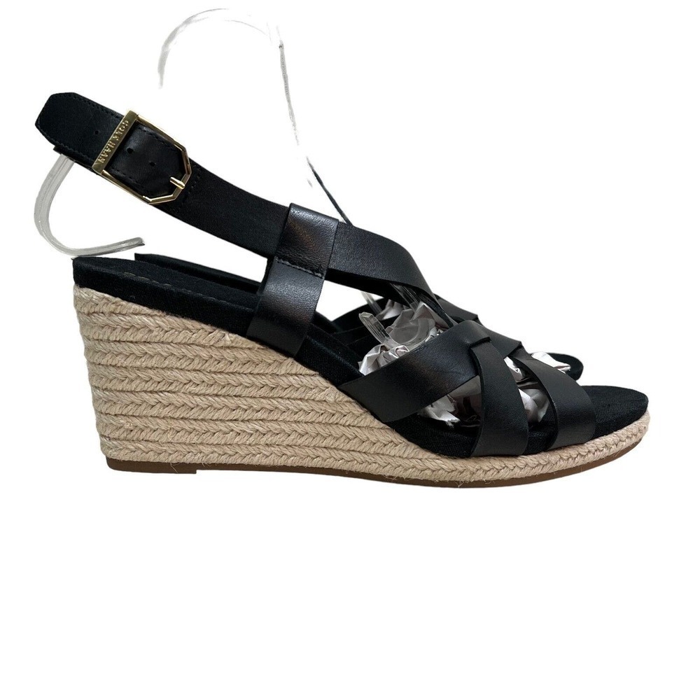 Cole Haan Crystal Sandal Wedge Espadrille Black Glazed Leather Women Size 8.5B‎